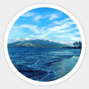 Blue Ocean Summer Beach Waves With Green Mountains And Palm Trees At The Back Under The Clear Blue Sky Sticker